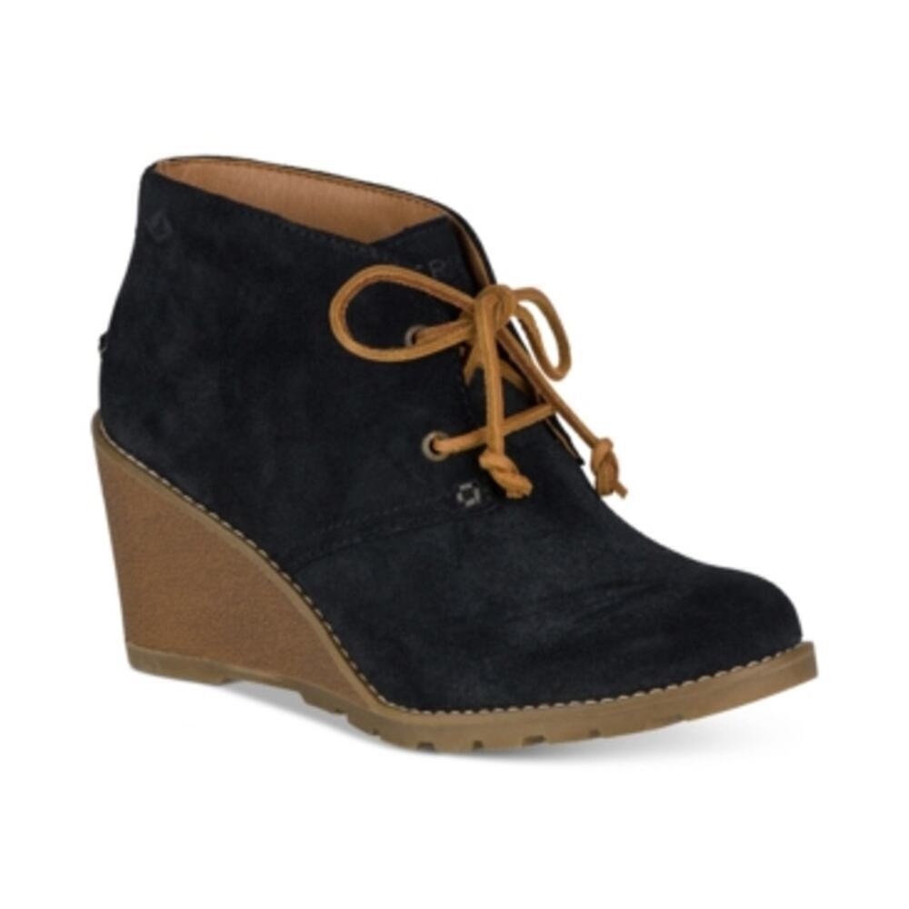 Sperry Stella Prow Wedge Ankle Booties Boots Lace Up Suede Black Women Size 9.5M
